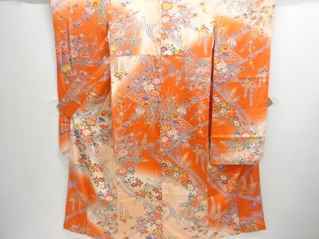 JAPANESE KIMONO / FURISODE / KATAZOME / STREAM WATER & PLANT